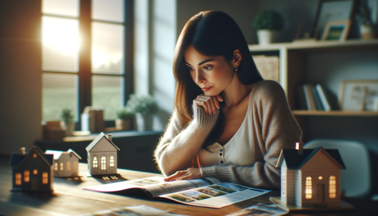 a woman looking at a house brochure and contemplating